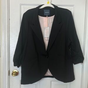 Modcloth Black Blazer w/pink lining & ruched sleeves